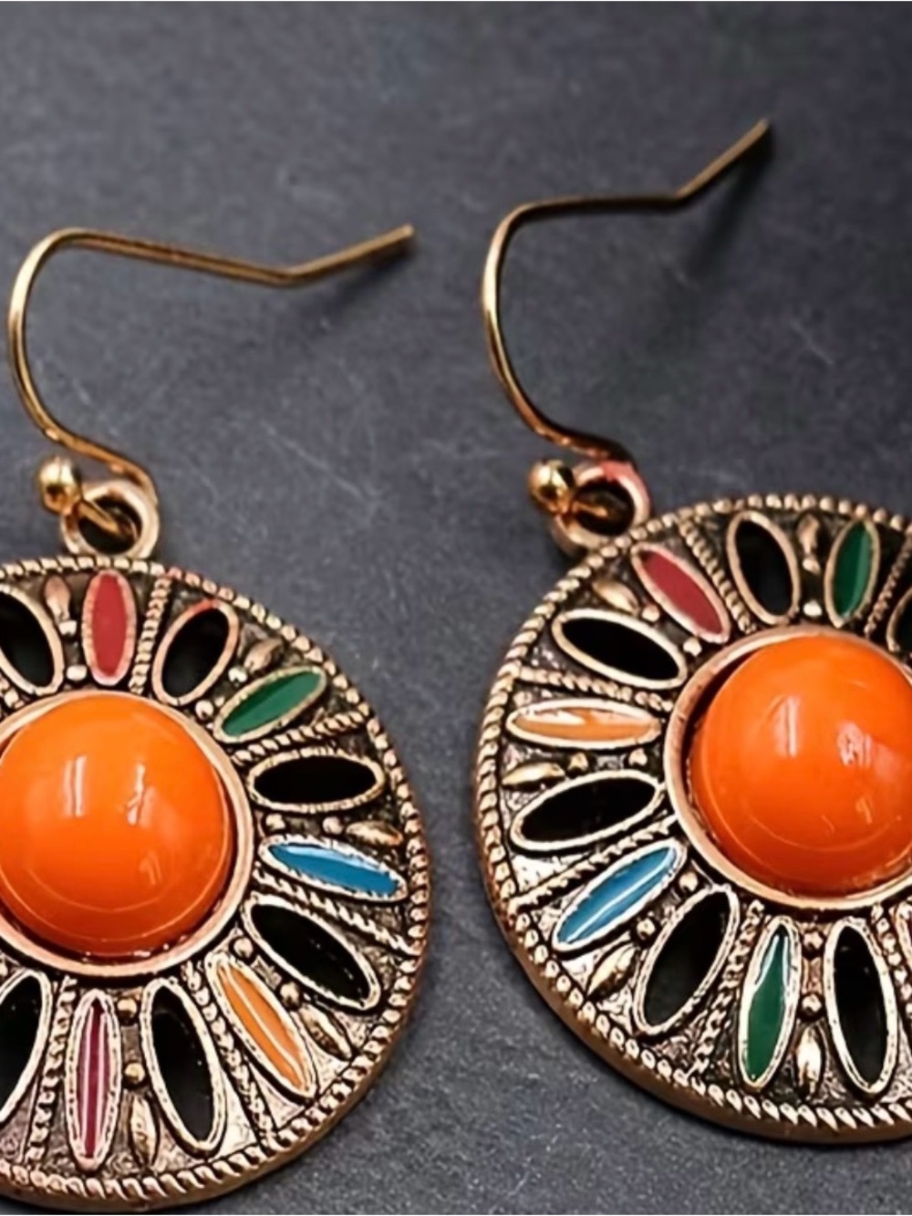 Gold-Tone Orange Center Multicolor Medallion Drop Earrings